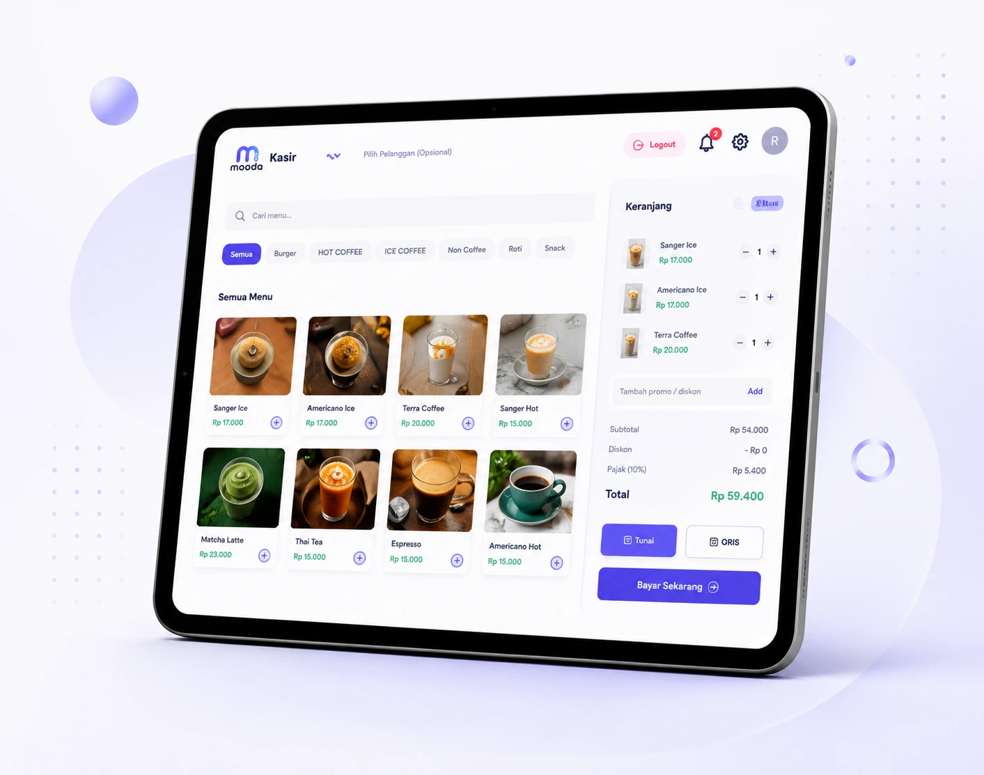 Layar kasir Mooda di tablet